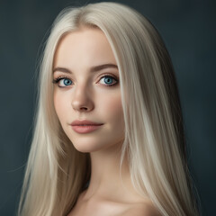 A beautiful young woman with very pale skin and light blonde, straight, shiny, long hair