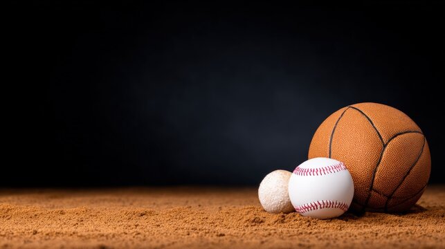 A basketball, baseball, and tennis ball rest on a sandy surface against a dark background, symbolizing sports diversity and athleticism.
