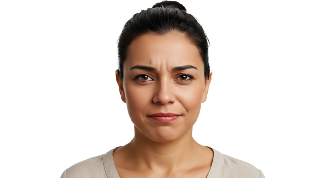 A woman with dark hair pulled back in a bun looking directly at the camera with a slightly furrowed brow