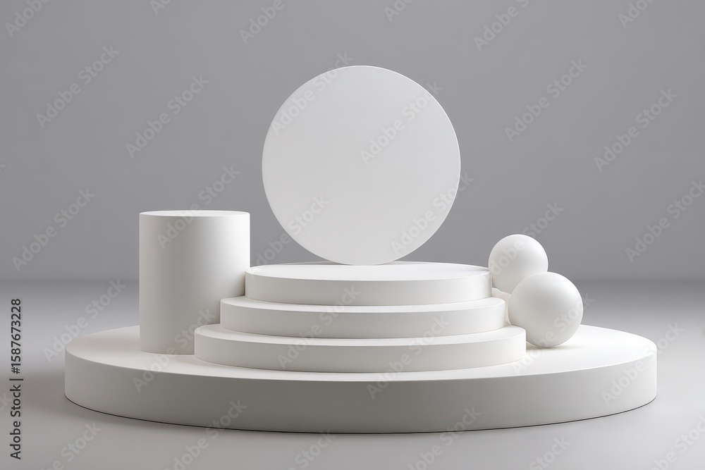 Poster White platform display with cylinder spheres and backdrop circle in a minimalist neutral setting