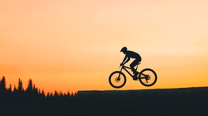 Mountain biker silhouetted against a vibrant sunset jumping over a log