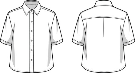 Short Sleeve Button Shirt Flat Sketch, Fashion CAD Drawing Vector, Back Yoke Design, Technical Apparel Illustration, Front and Back View