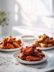 Assorted Crispy and Spicy Chicken Wings Served on White Plates