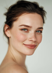 A photo of an attractive European woman with makeup, facing the camera directly