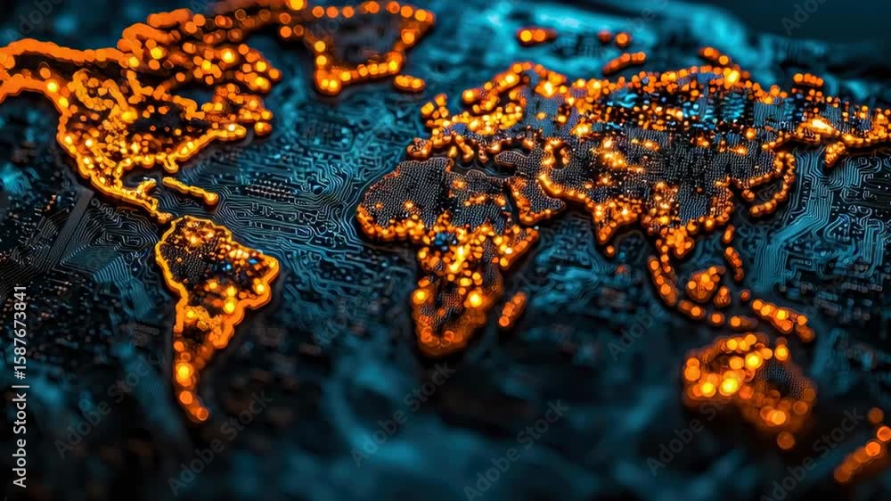 Poster illuminated world map on a digital circuit board background with sparkling lights and depth