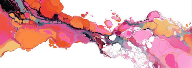 A vibrant orange and pink color scheme, featuring fluid organic shapes that flow together to form the shape 