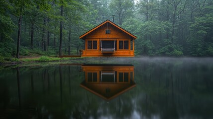 Obraz premium Tranquil cabin by a misty pond