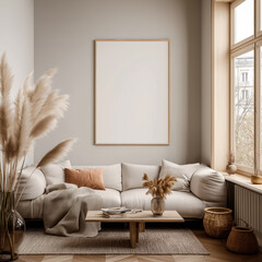 A photo of a large white picture frame on the wall in an elegant living room, with a simple and minimalistic style
