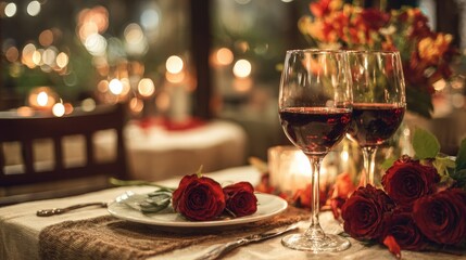 Romantic dinner setting with two wine glasses, red roses, and candlelight on a table, creating an intimate and elegant atmosphere.