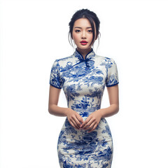 Beautiful woman wearing a porcelain-patterned cheongsam dress, with short sleeves, against a white background