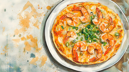 Watercolor seafood omelet illustration, showcasing shrimp and chives, evoking culinary artistry and a delicious food concept