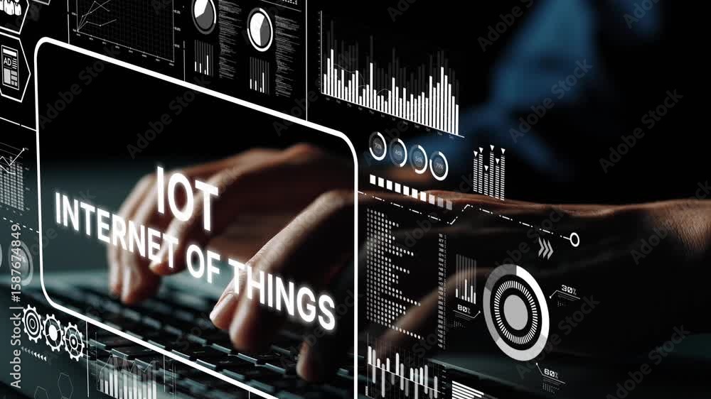 Aufkleber hands typing on keyboard surrounded by digital displays representing internet of things technology a