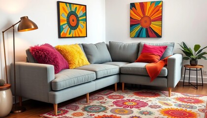 Three plush pillows rest on a grey corner sofa, vibrant artwork and patterned rug complete the lively room,   home,  patterned carpet