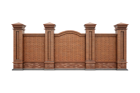 Detailed View of a Brick and Wooden Fence on a Transparent Background Showing Architectural Structure and Weathered Surface