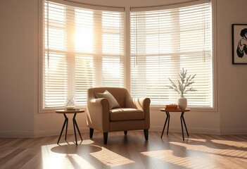 Fototapeta premium Afternoon sunlight streams through blinds onto a plush armchair in a minimalist living room, peaceful, interior design