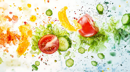 Fresh Vegetables and Greens Exploding in Vibrant Colors A Dynamic, Healthy Food Illustration for Culinary Design and Dietary Awareness