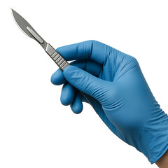 Surgeon hand in blue glove holding scalpel isolated on transparent background