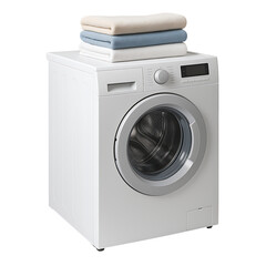 Modern front load washing machine with folded towels isolated on transparent background