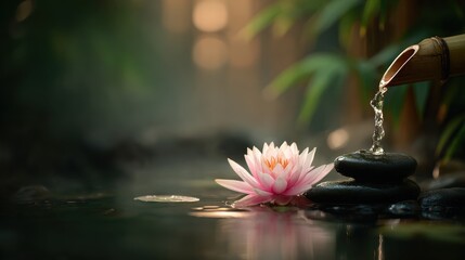 Tranquil scene of a pink lotus flower beside a bamboo water fountain and stacked stones in a serene garden setting.