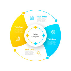 Modern circular 4 step infographic template with icons and color segments. Business concept with marketing icons. 