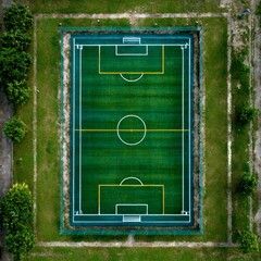 Aerial View of a Pristine Green Soccer Field: Symmetry, Geometry, and Vibrant Color Palette of a Sports Facility