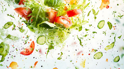 Fresh and Vibrant Salad Explosion A Colorful Composition of Vegetables and Greens in Motion for Healthy Eating and Culinary Delights
