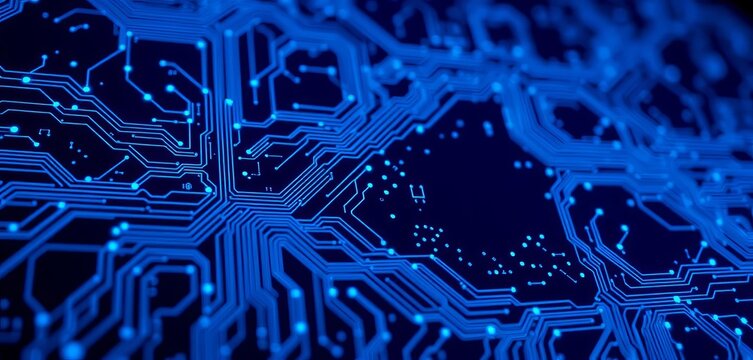 Abstract navy circuit board, blue tech background, connected nodes, AI innovation,  design,  futuristic