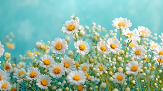 white daisies in spring bloom, soft daisy field with pastel blue background PNG, nature flower background with empty space, spring daisy field background with empty space
