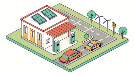 Isometric sustainable energy ev charging station with solar panels and wind turbines for electric cars