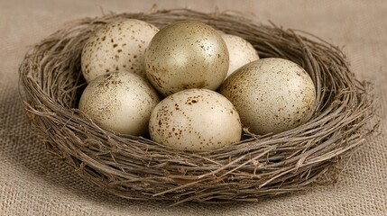 Obraz premium Eggs nestled within a rustic bird's nest.