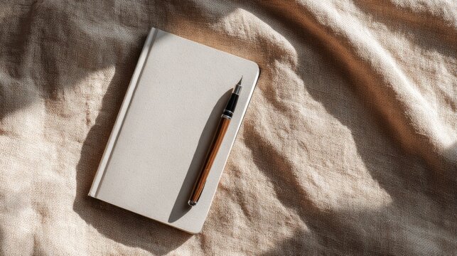 Minimal closed journal with elegant pen resting on fabric surface in soft sunlight perfect for World Mental Health Day themes around self-reflection, personal journaling and emotional care