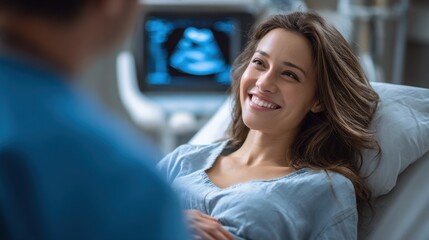 A pregnant woman is having an ultrasound examination in a medical setting, looking content and smiling.
