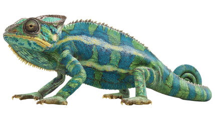 Obraz premium A vibrant chameleon with blue and green skin stands in profile on a transparent background