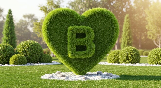 Green heart shaped topiary with letter b carved into it isolated on white background