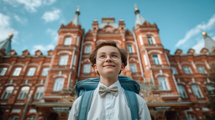 A smiling young boy wearing glasses and a backpack stands in front of a historic red brick building with ornate architecture under a blue sky.
