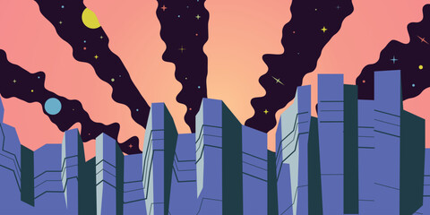 Illustration of future scene sky unwarp full of stars and planet with Canyon rock in front. Retro groovy psychedelic fantasy background design for wallpaper backdrop poster banner cover print