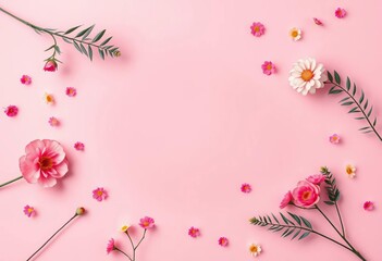 Obraz premium A whimsical pink flat lay with pastel accents, leaving a central area for design placement, sparkle, illustration