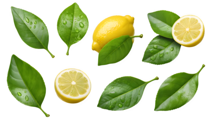 Group of floating green lemon leaves on a white surface with drops. Usable for your own design. Concept for Earth Day. Features a clipping path.
