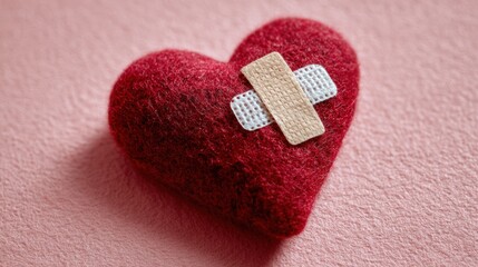 A red felt heart with a bandage on a pink textured background, symbolizing healing, love, and care.
