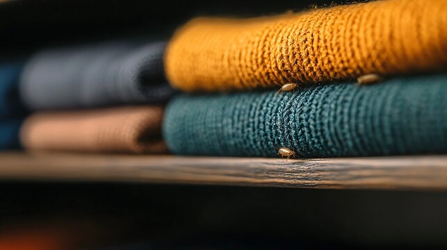 Tiny insects crawl on neatly folded sweaters on a wooden shelf - Powered by Adobe