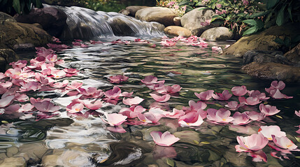 Serene Waterfall with Floating Pink Petals A Tranquil Nature Escape, Water Stream, Floral Beauty, and Peaceful Ambiance for Relaxation and Visual Delight.