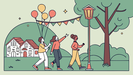 Illustration of community event with people balloons and houses in a park setting for celebrations and fun