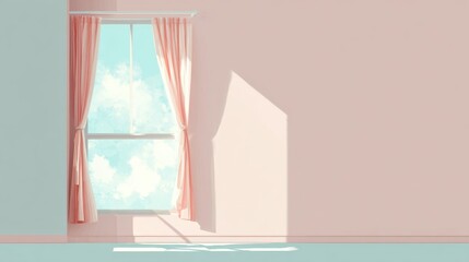 Bright pastel interior with open window and soft light curtains casting shadows on empty room floor symbolizing hope, calm and openness for World Mental Health Day visuals