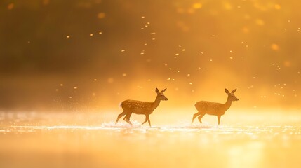 Two spotted deer wade through golden water at sunrise