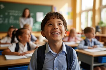 Smiling boy with backpack in classroom looking upward with teacher and students at desks in background