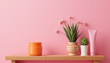 Minimal Skincare Product Display with Succulent on Pink Background, Skincare products with succulent plant