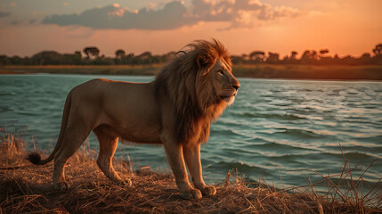 Photorealistic Alpha Male Lion at Riverbank During Sunset – Cinematic Wildlife Scene