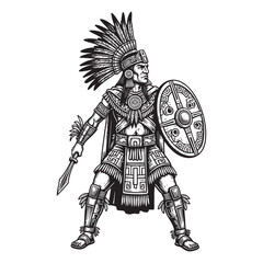 Obraz premium Aztec warrior with shield and spear woodcut engraving vector illustration