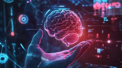Holographic brain above hand with digital interface elements in a futuristic setting display technology