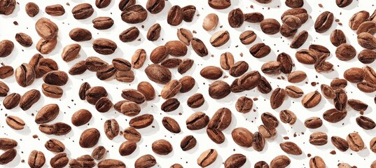 Coffee beans scattered on a white background